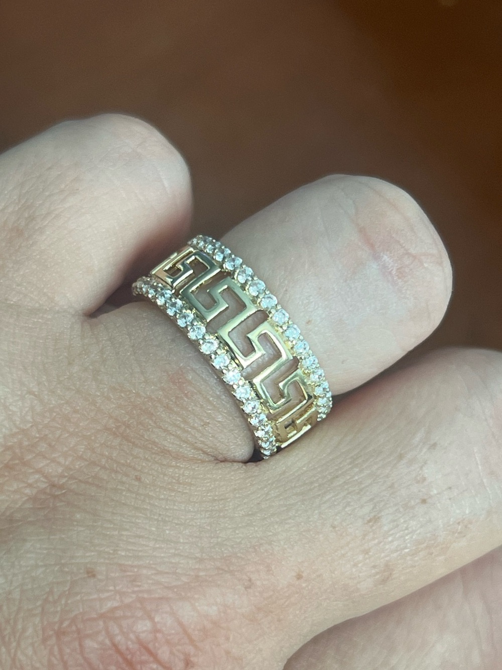 Gold Greek Key Pave Band Ring with Clear CZ Accents - Women Jewelry nip